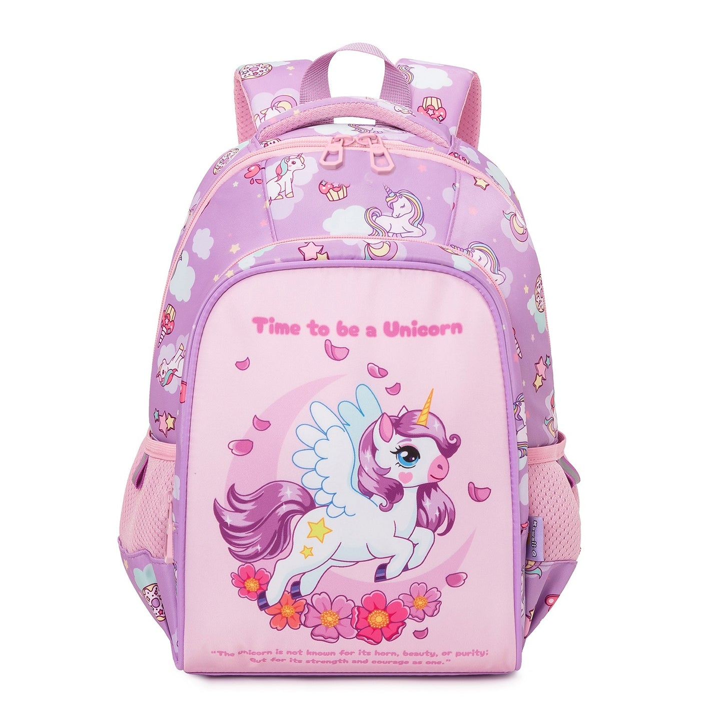 Purple kids backpack featuring a unicorn design, perfect for ages 3 and up, ideal for school or outings