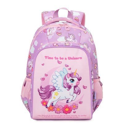 Purple kids backpack featuring a unicorn design, perfect for ages 3 and up, ideal for school or outings