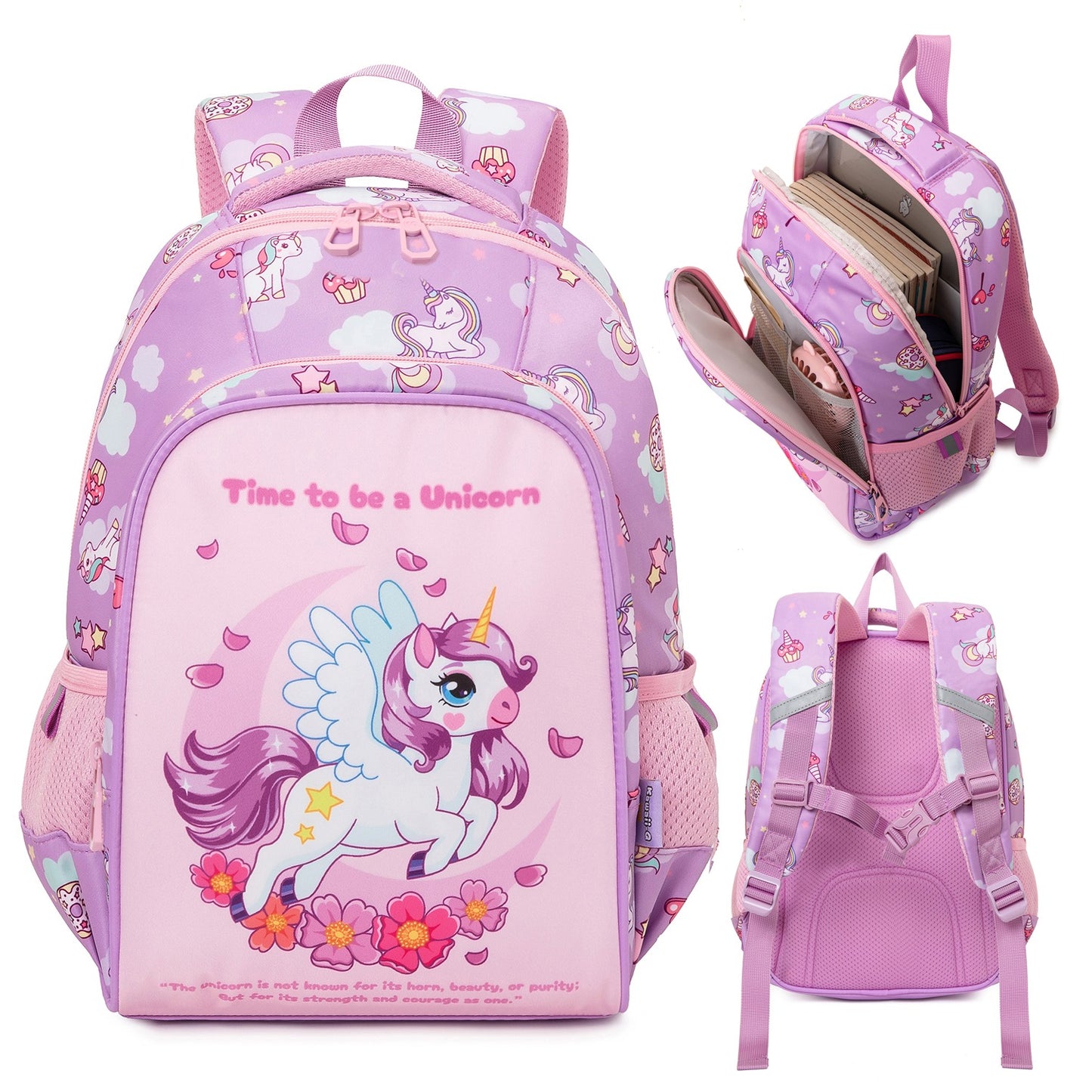 Purple kids backpack with unicorn design, suitable for ages 3 and up, ideal for school and play