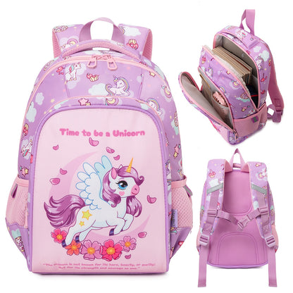 Purple kids backpack with unicorn design, suitable for ages 3 and up, ideal for school and play