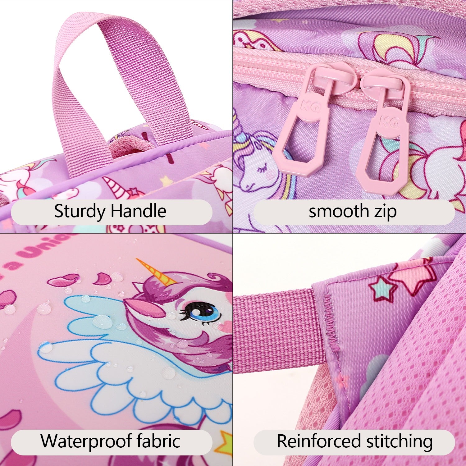 Purple unicorn kids backpack with sturdy handle, waterproof fabric, and reinforced stitching for ages 3 and up