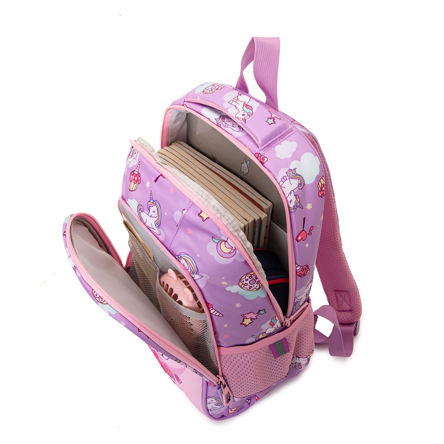 Purple kids backpack featuring unicorn design, perfect for school and ages 3 and up