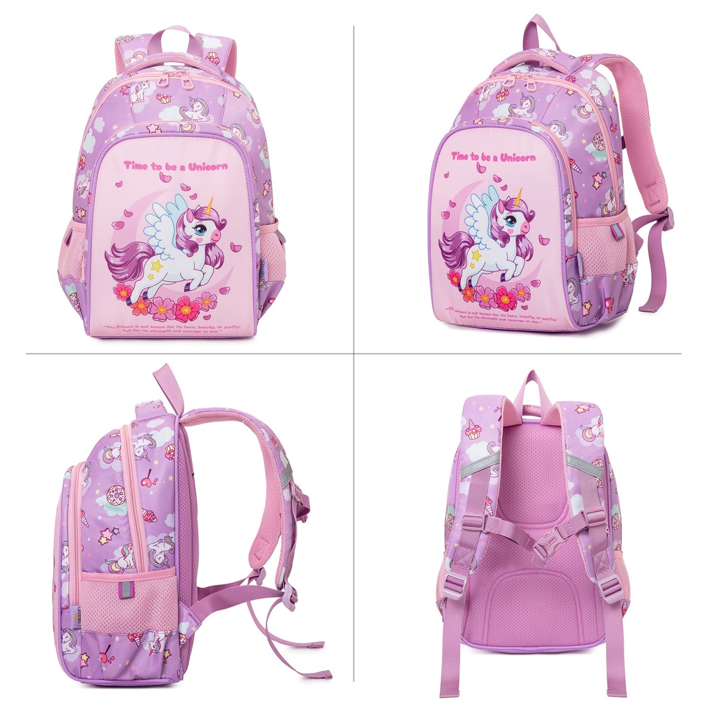 Purple kids backpack featuring a unicorn design, perfect for age 3+, ideal for school and play.