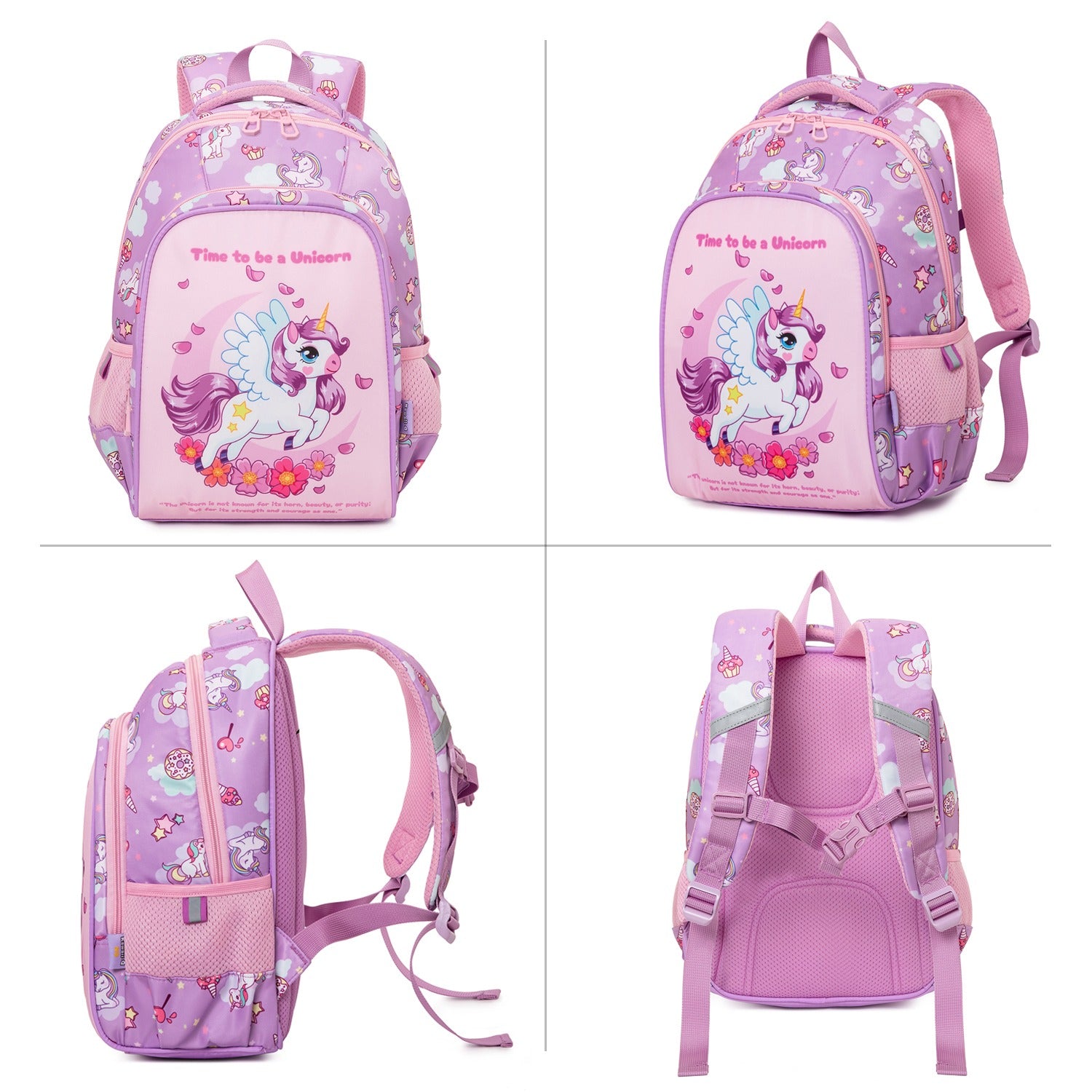 Purple kids backpack featuring a unicorn design, perfect for age 3+, ideal for school and play.