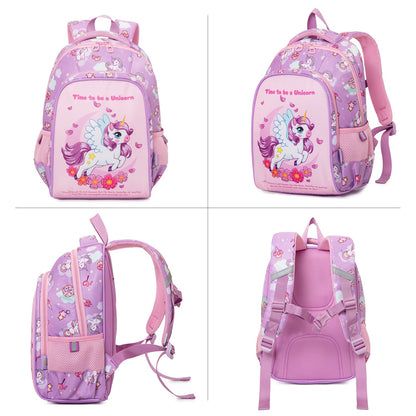 Purple kids backpack featuring a unicorn design, perfect for age 3+, ideal for school and play.