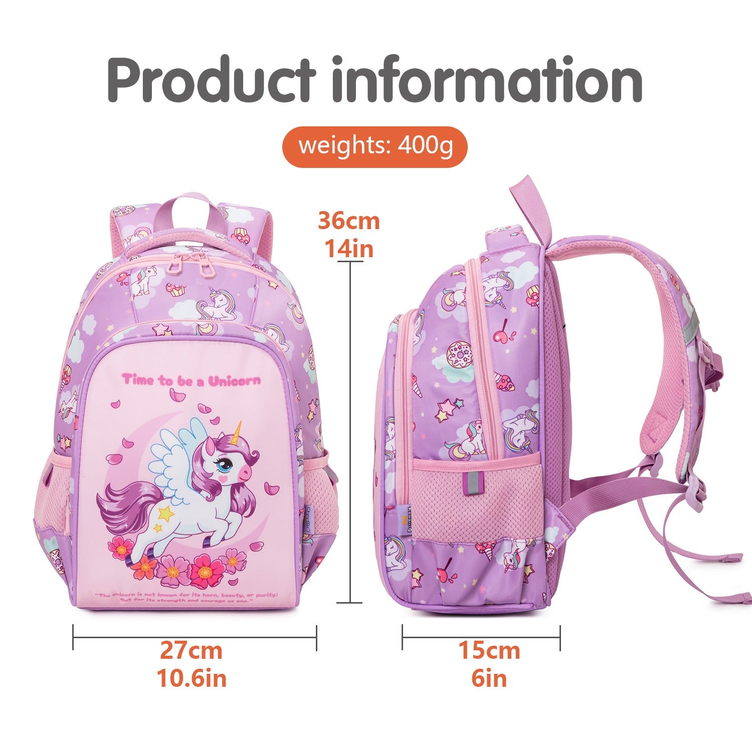 Purple NIYO TOYS kids backpack with unicorn design, measuring 27x15x36cm for ages 3 and up