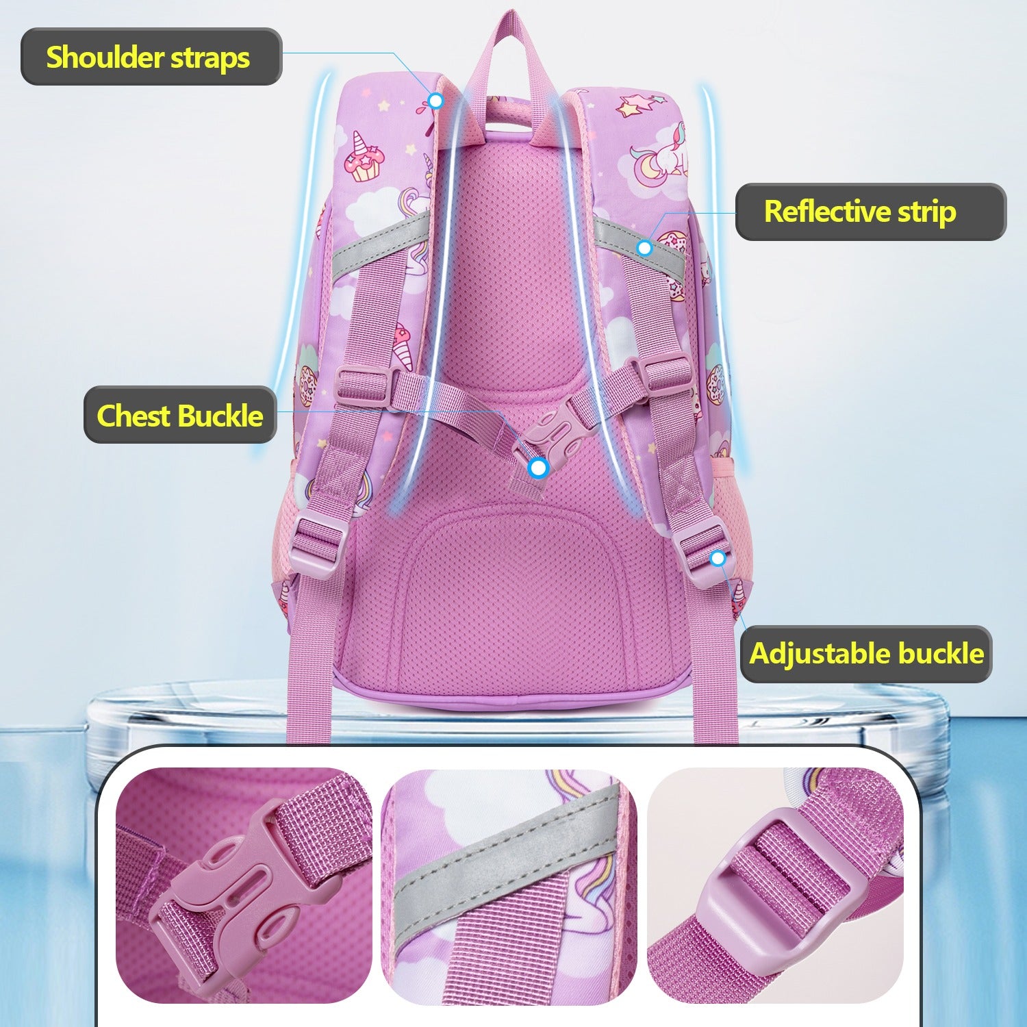 Pink unicorn kids backpack with shoulder straps, reflective strip, and adjustable buckle for ages 3 and up