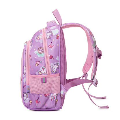 Purple unicorn kids backpack with fun designs, suitable for ages 3 and up, perfect for school or play
