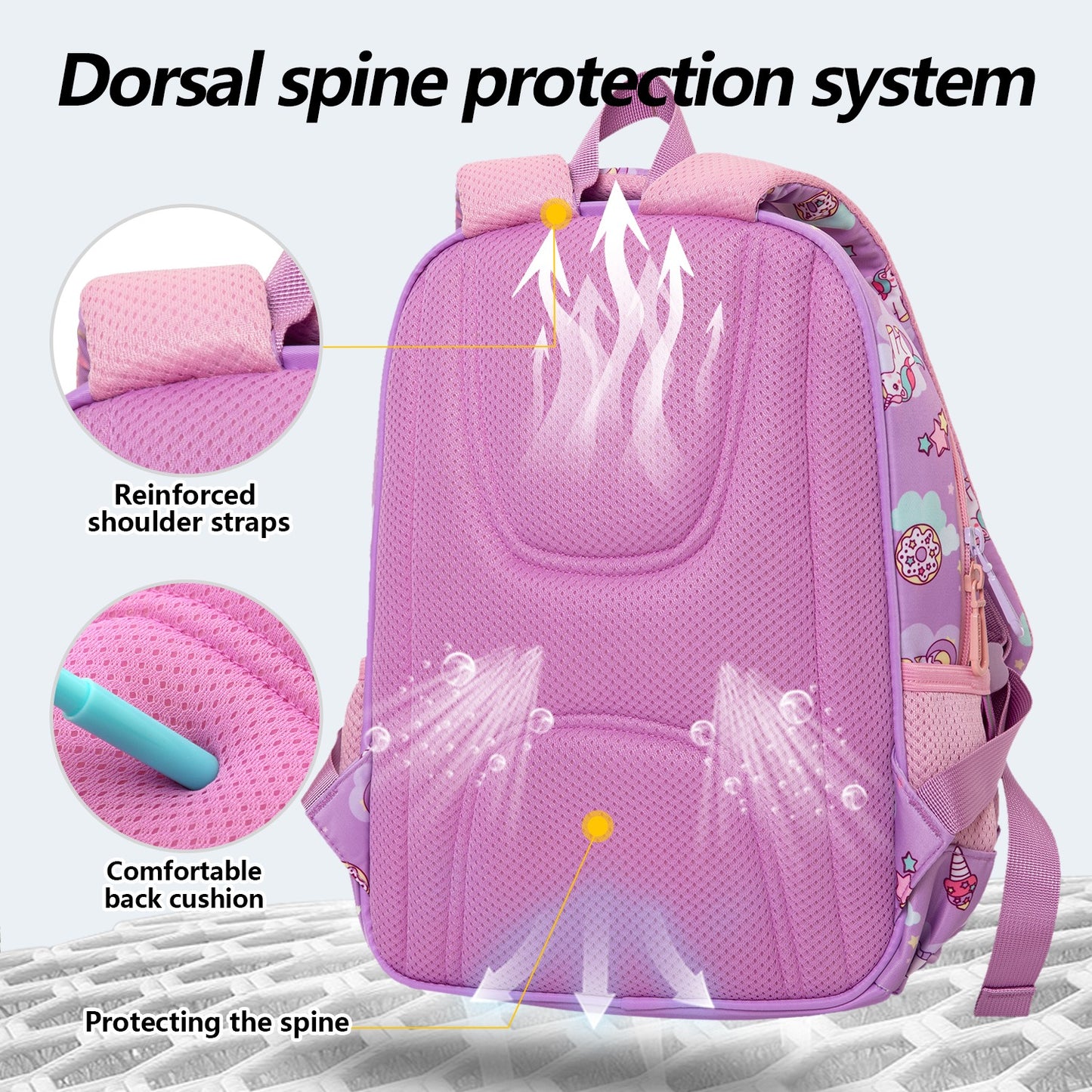 Purple kids backpack with dorsal spine protection and comfortable back cushion for age 3 and up
