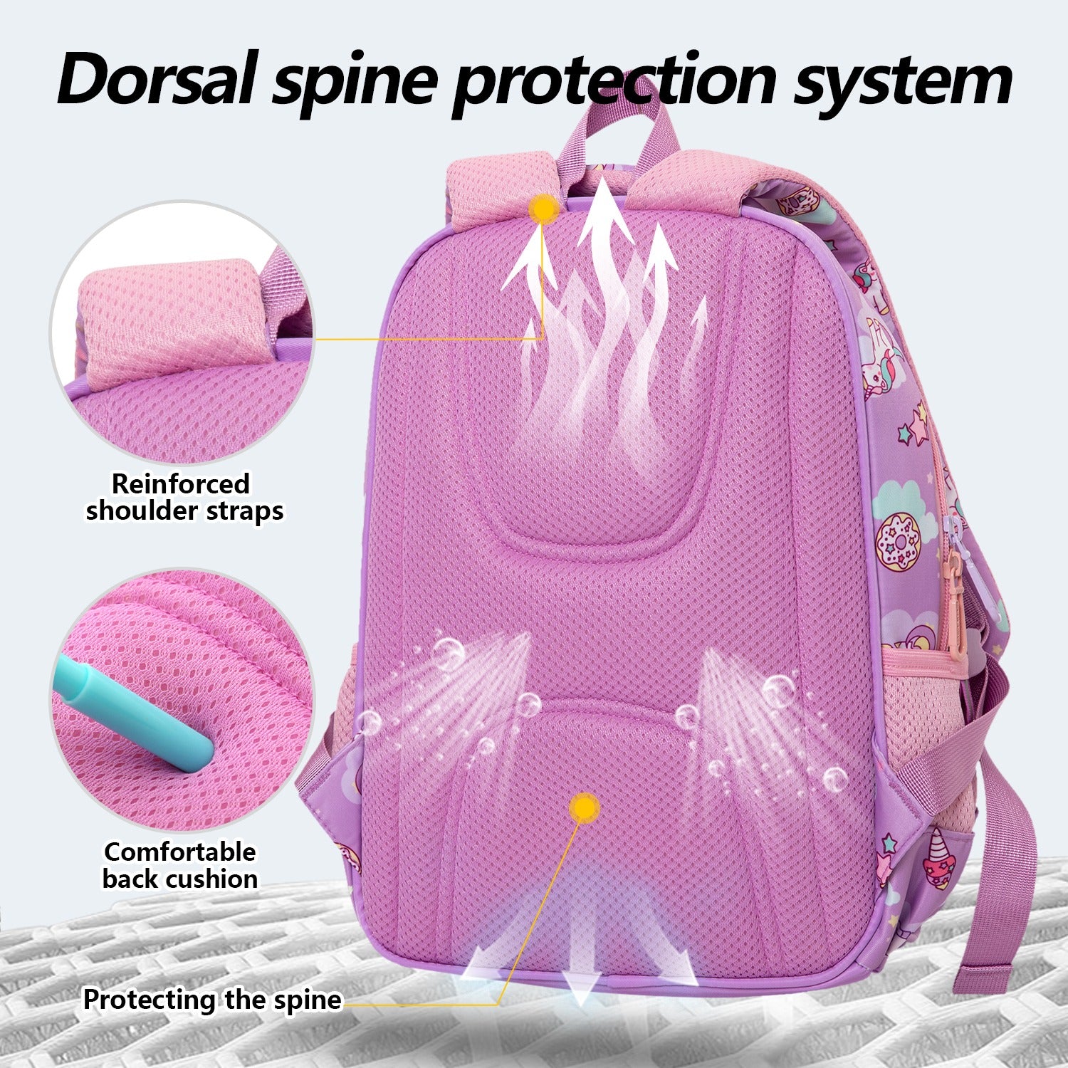 Purple kids backpack with dorsal spine protection and comfortable back cushion for age 3 and up