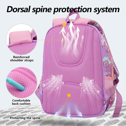 Purple kids backpack with dorsal spine protection and comfortable back cushion for age 3 and up
