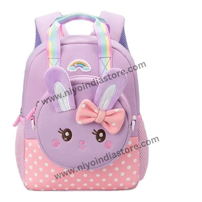 Purple kids backpack with bunny design and bow, ideal for school use and ages 3 and up