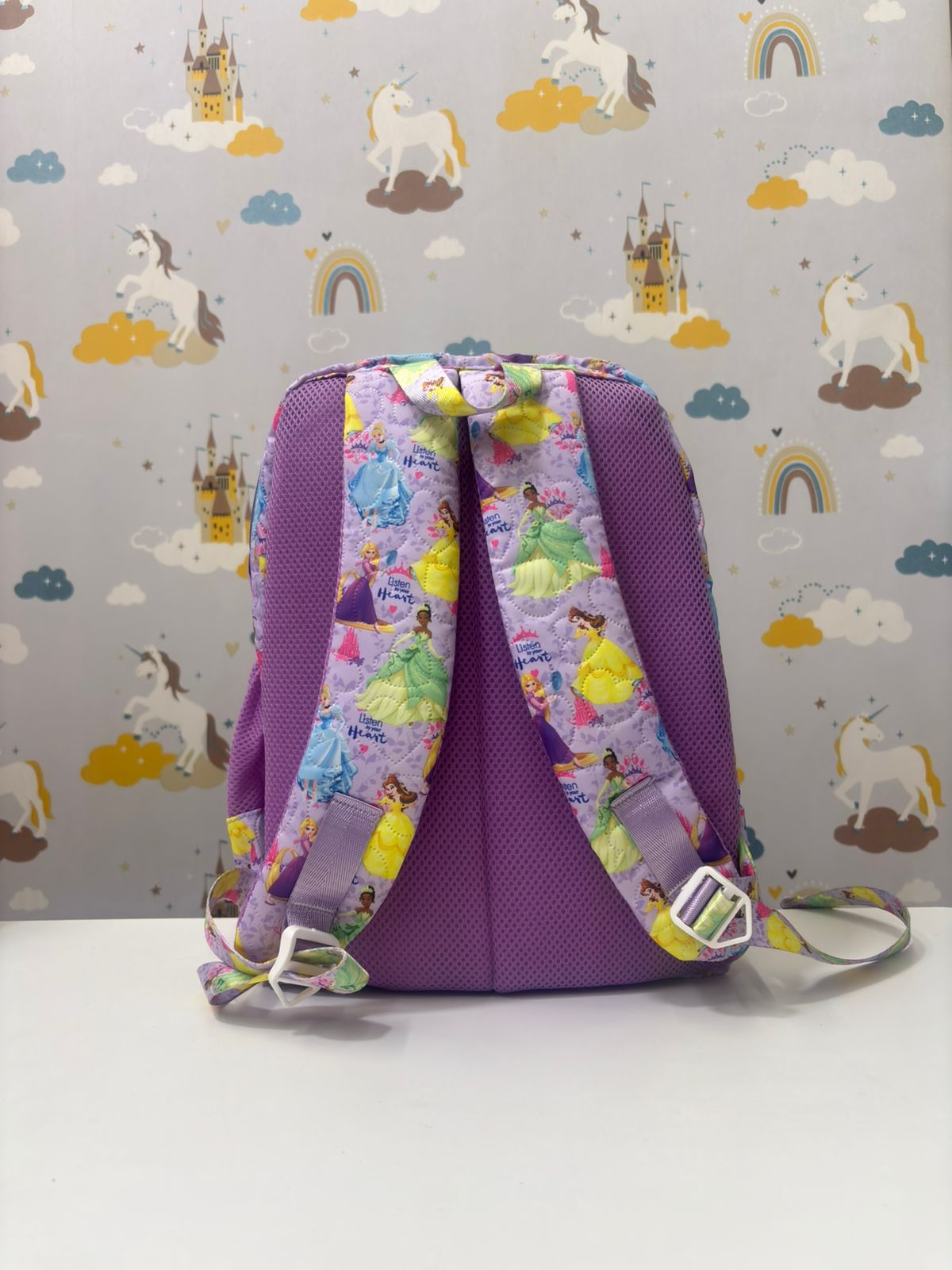 Purple kids backpack with colorful princess straps, perfect for ages 3 and up, ideal for school or play
