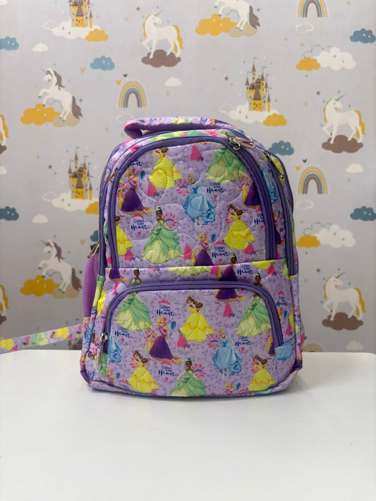 Purple kids backpack featuring princess designs, ideal for ages 3 and up for school or play