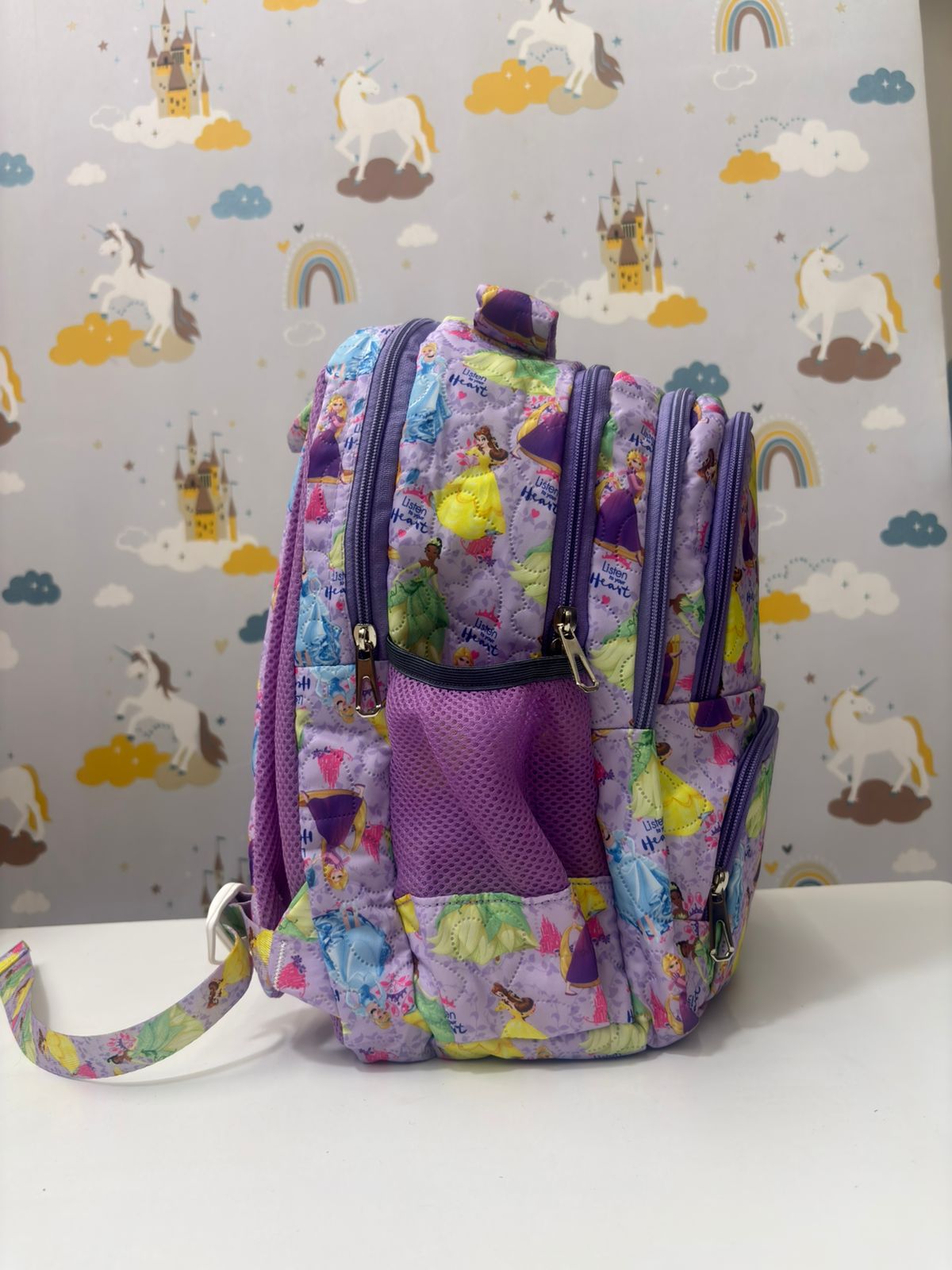NIYO TOYS kids backpack in purple with princess and unicorn patterns, suitable for ages 3 and up