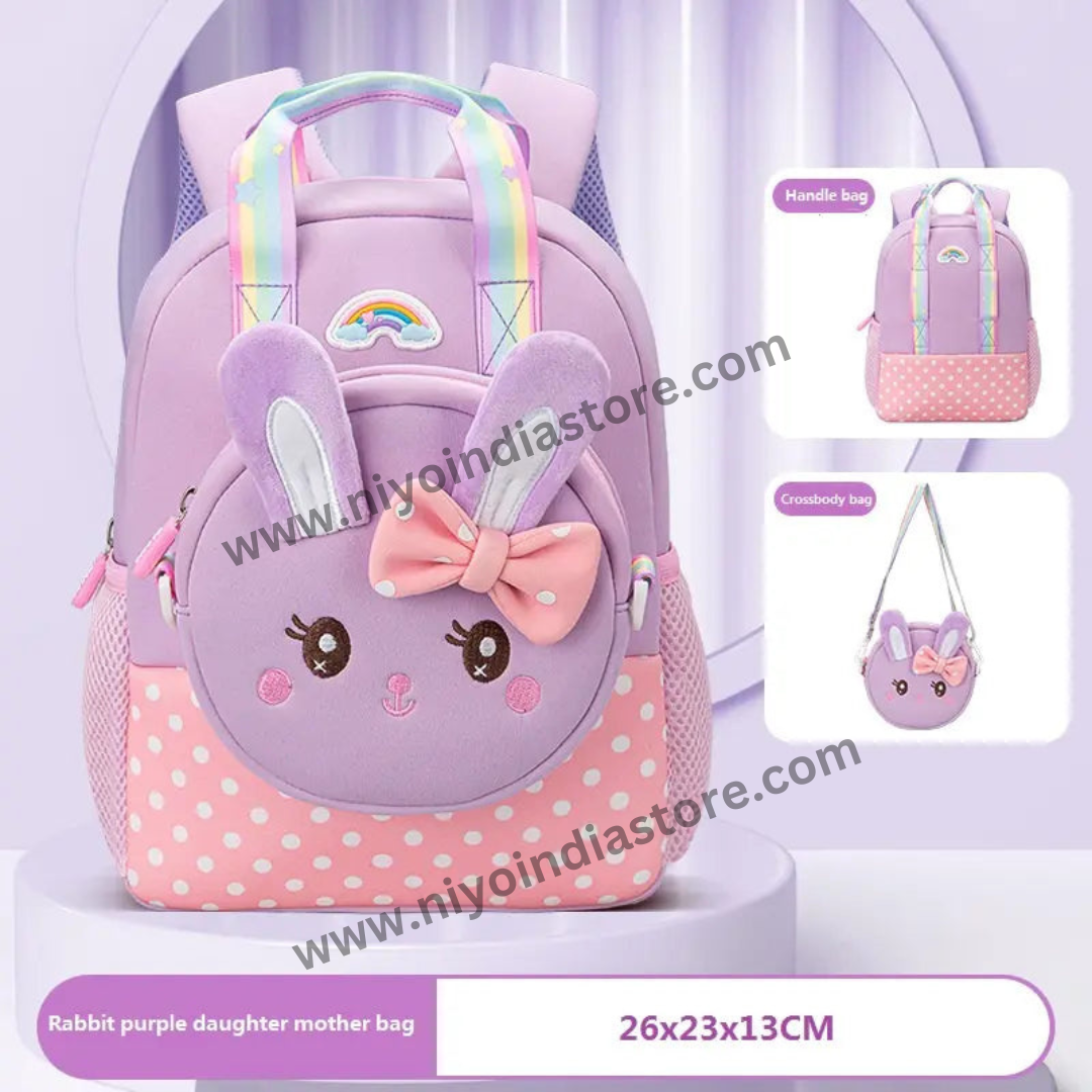 Purple rabbit kids backpack with polka dots, ideal for school, ages 3 and up, featuring a cute bow