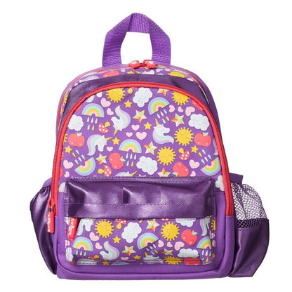 Purple NIYO TOYS kids backpack with colorful cloud, sun, and rainbow designs, perfect for preschoolers