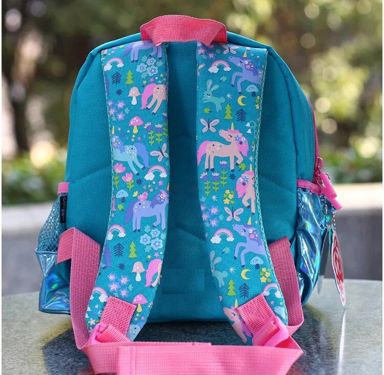 Teal kids backpack with unicorn design and pink straps, perfect for school and ages 3 and up