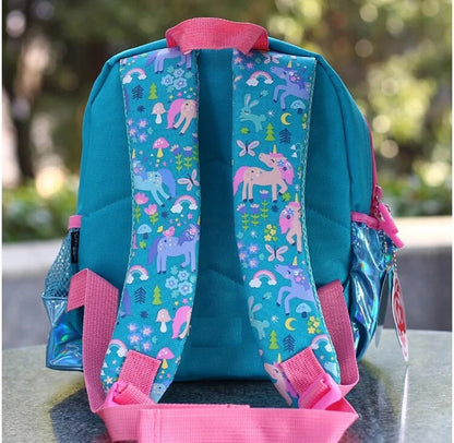 Teal kids backpack with unicorn design and pink straps, perfect for school and ages 3 and up