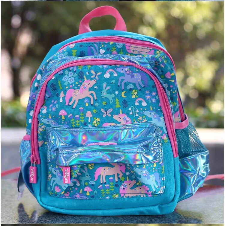 Colorful unicorn kids backpack with holographic front, perfect for ages 3 and up for school use