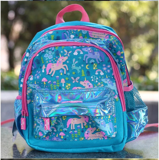 Colorful unicorn kids backpack with holographic front, perfect for ages 3 and up for school use