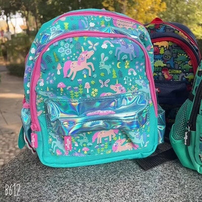 Colorful kids backpack featuring unicorns and floral patterns, ideal for ages 3 and up for school use