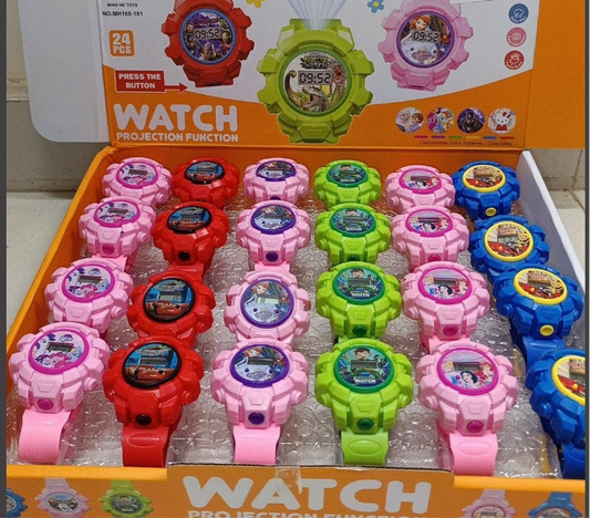 Colorful kids cartoon wrist watch collection featuring fun characters and projection function