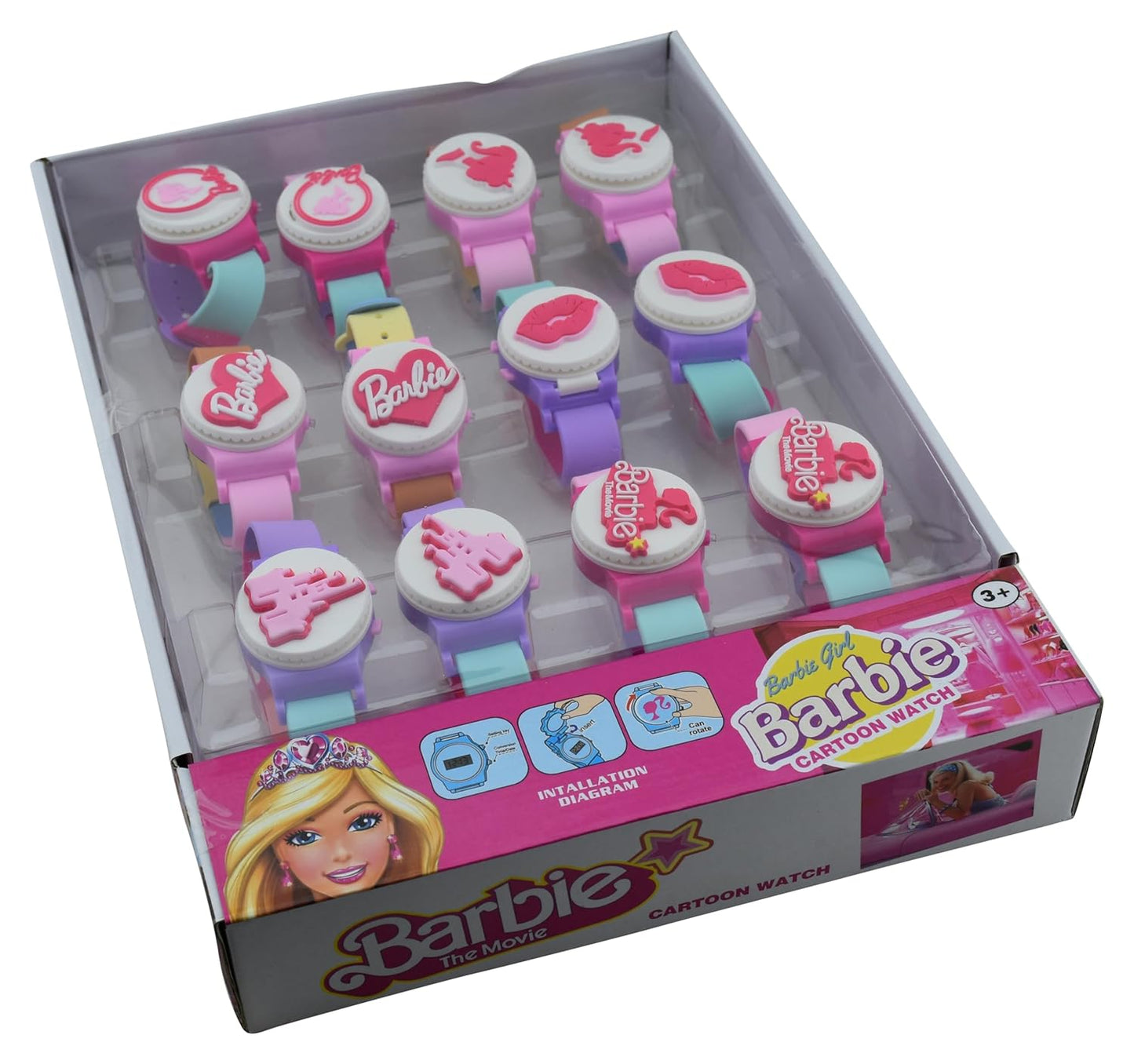 Kids digital princess watch in pink and blue featuring Barbie designs, perfect for ages 3 and up