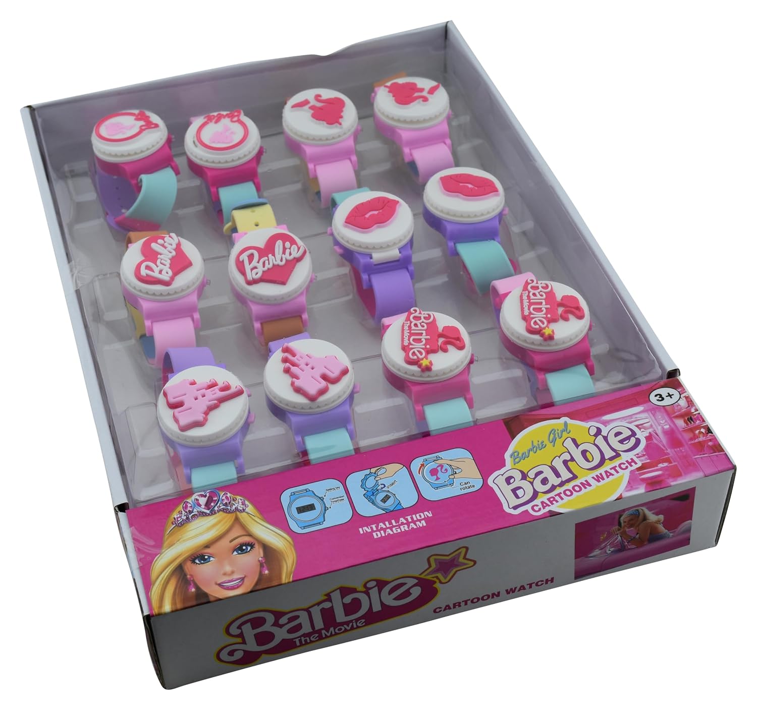 Kids digital princess watch in pink and blue featuring Barbie designs, perfect for ages 3 and up