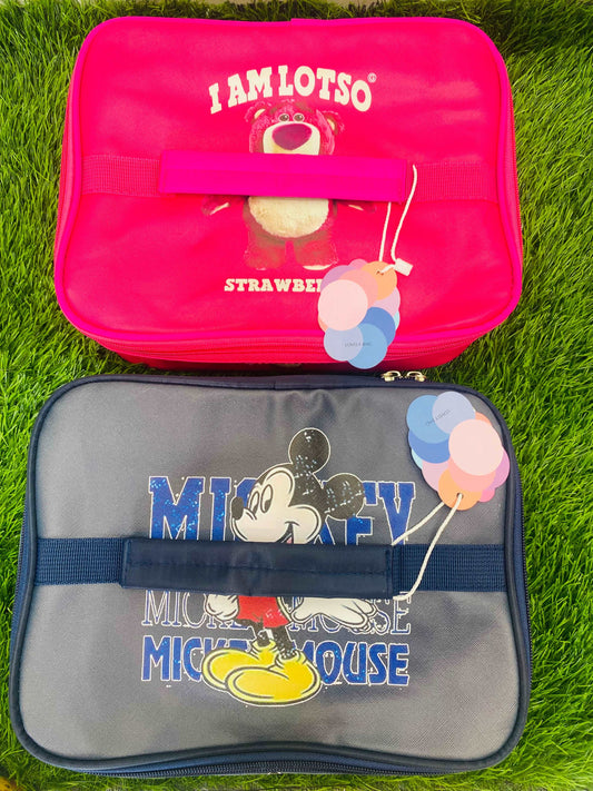 Colorful kids insulated lunch bag featuring I AM LOTSO and Mickey Mouse designs for stylish meal storage