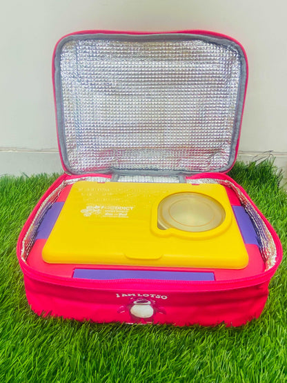 NIYO TOYS kids insulated lunch bag in pink, open with a yellow lunch container inside
