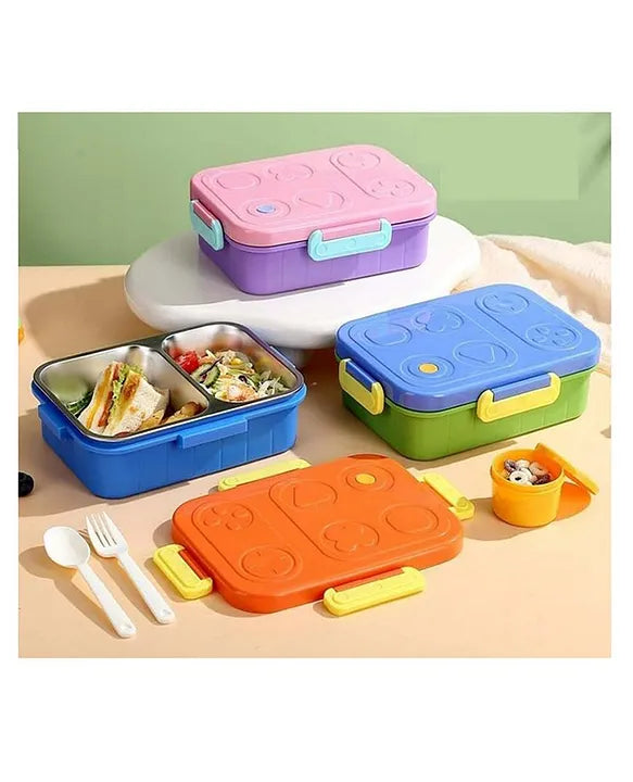 Colorful kids lunch box set in pink, blue, green, and orange, ideal for school meals and snacks