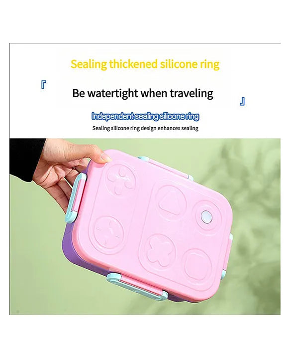 Purple and pink kids lunch box with a sealing silicone ring, designed for ages 3+, perfect for meal prep