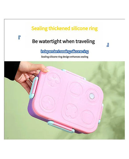 Purple and pink kids lunch box with a sealing silicone ring, designed for ages 3+, perfect for meal prep