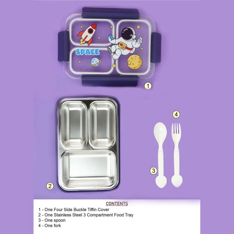 Niyo Toys kids lunch box with space-themed design, four side buckle tiffin cover and stainless steel compartments