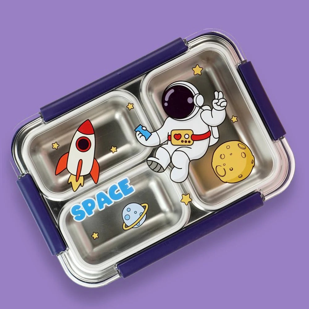 Kids lunch box featuring space theme with astronaut, rocket, and planets, suitable for ages 3 and up