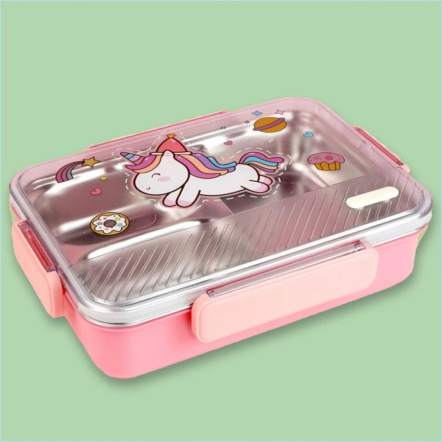 Pink unicorn kids lunch box with cute graphics, ideal for ages 3 and up, perfect for school and picnics