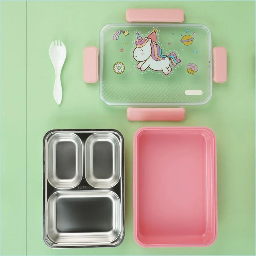 Kids lunch box in pink with unicorn design, ideal for ages 3+, perfect for school meals