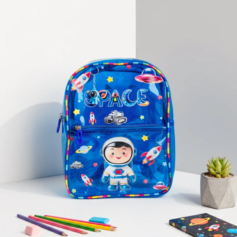 NIYO TOYS kids neon transparent school bag featuring a space theme with rockets and an astronaut design