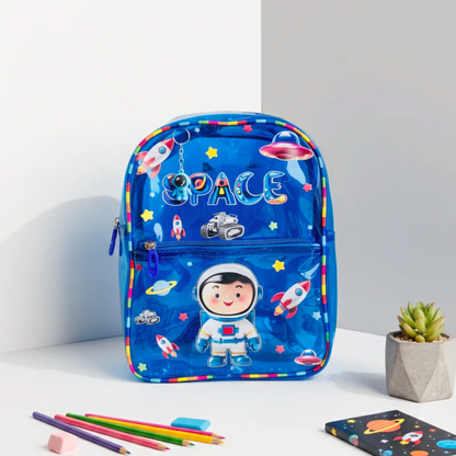 NIYO TOYS kids neon transparent school bag featuring a space theme with rockets and an astronaut design