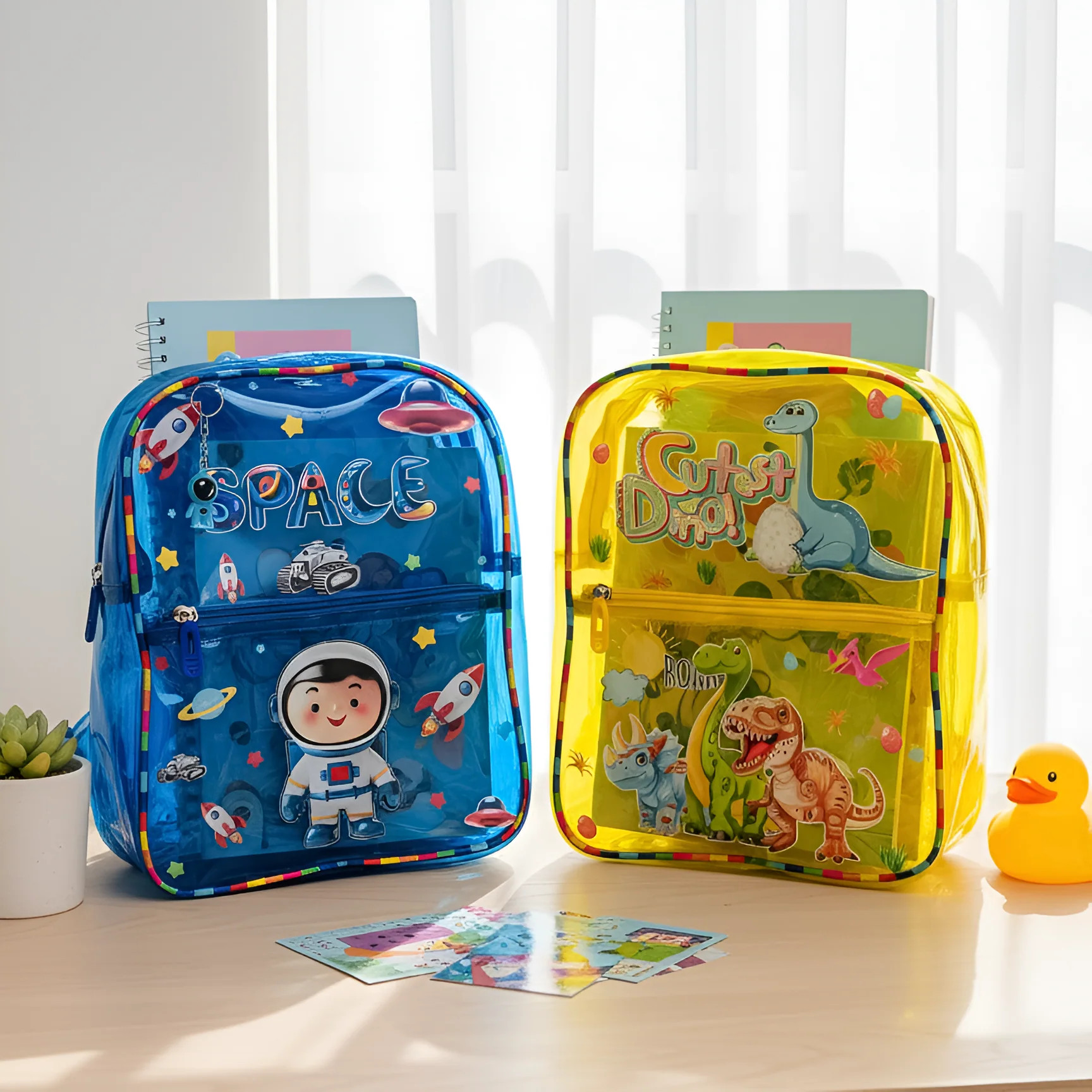 NIYO TOYS kids neon transparent school bag in blue and yellow with fun space and dinosaur designs