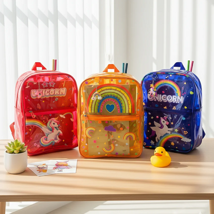 NIYO TOYS kids neon transparent school bag featuring colorful unicorn and rainbow designs