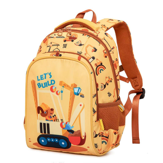 Bright yellow kids school backpack featuring a construction theme with playful designs