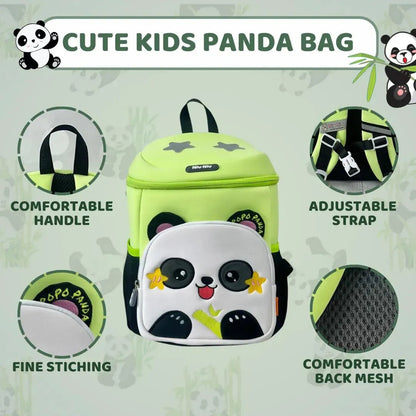 Cute kids panda backpack in green for ages 3+, perfect for carrying kids sleeping bag and essentials