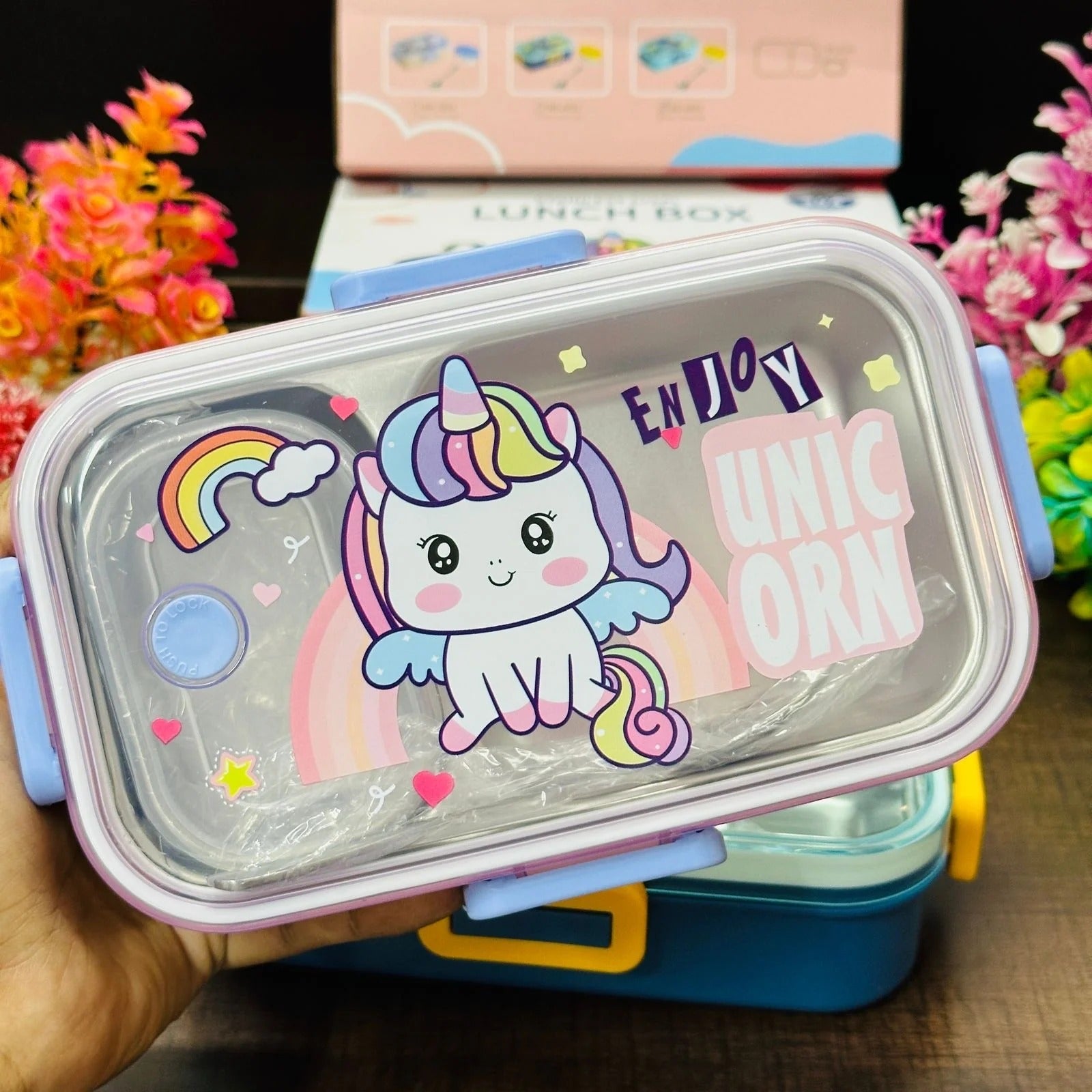 NIYO TOYS kids stainless steel lunch box with colorful unicorn design and secure lid