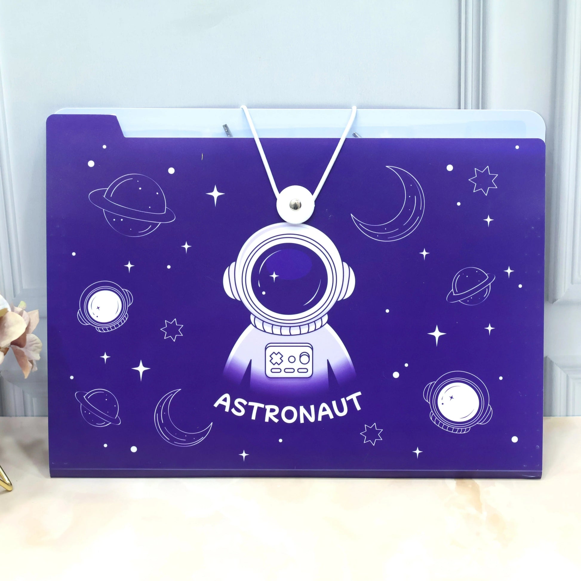 NIYO TOYS space theme file folders for kids with astronaut and planets design in purple