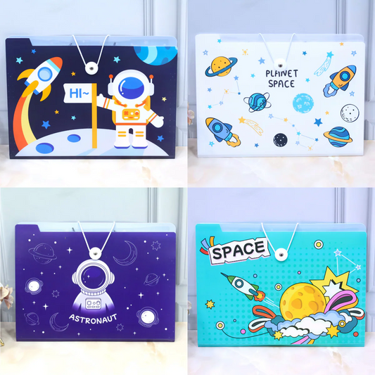 NIYO TOYS space theme file folders for kids with colorful astronaut and rocket designs
