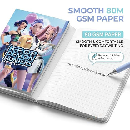 KPOP Demon Hunters A5 size notebook dimensions with smooth 80 GSM paper, perfect for all ages and daily writing.