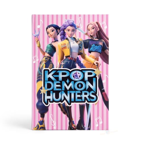 Kpop Demon Hunters A5 size notebook dimensions featuring colorful characters, ideal for ages 6 and up