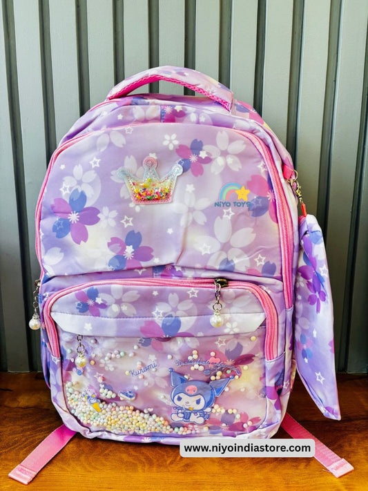 NIYO TOYS Kuromi school backpack with floral design and decorative pearl accents